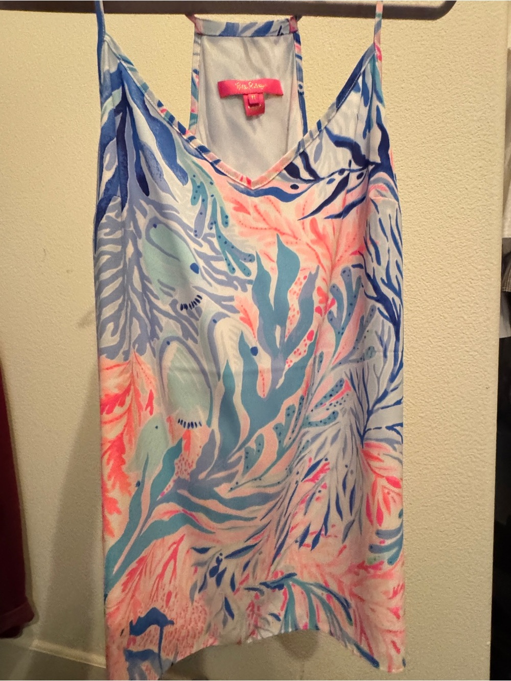 Lilly Pulitzer Krew Blue Pink Kaleidoscope Coral Dusk Silk Tank Top Shirt Medium